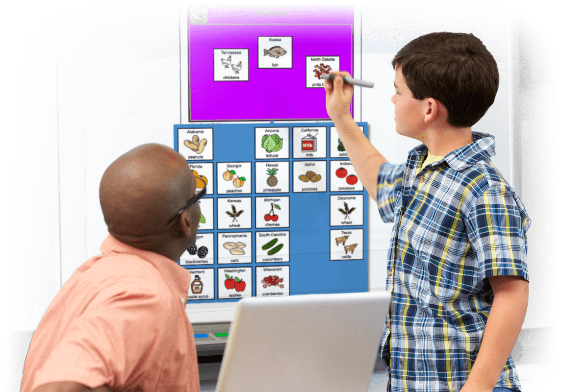 Student completing an activity on a whiteboard 