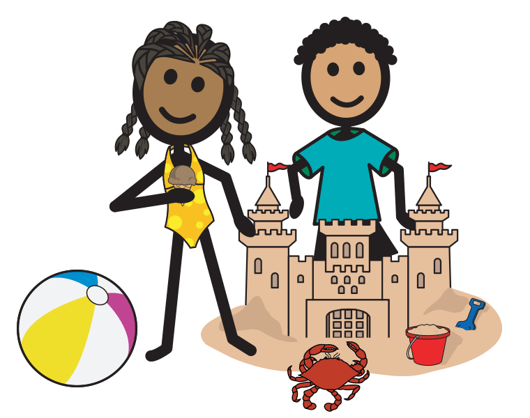 two SymbolStix characters building a sand castle at the beach